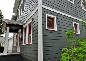 Grey lap siding on a two-story home